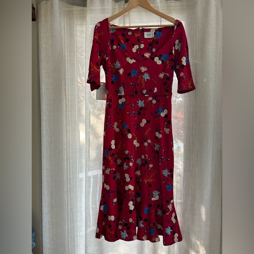 ERDEM Red Midi Sundress with Cowl Neck and 3/4 Sleeves